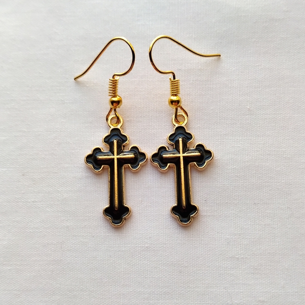 Cross Charm Earrings Dangle Hook Black Enamel Gold Tone Handmade Religious Gift